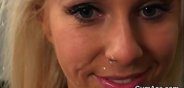  Wicked bombshell gets cumshot on her face eating all the jism